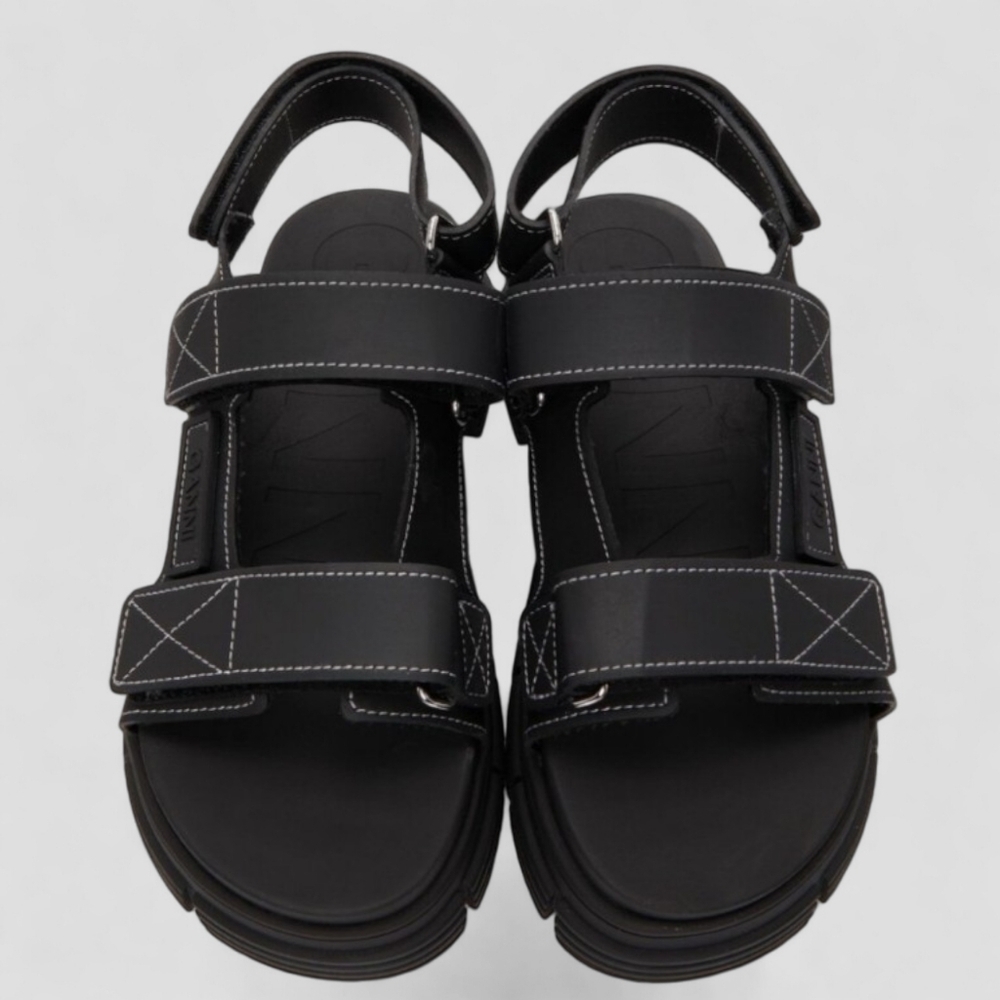 NWT GANNI Recycled Rubber Chunky Logo Platform Black Sandals Flatform Lugged - Picture 12 of 15